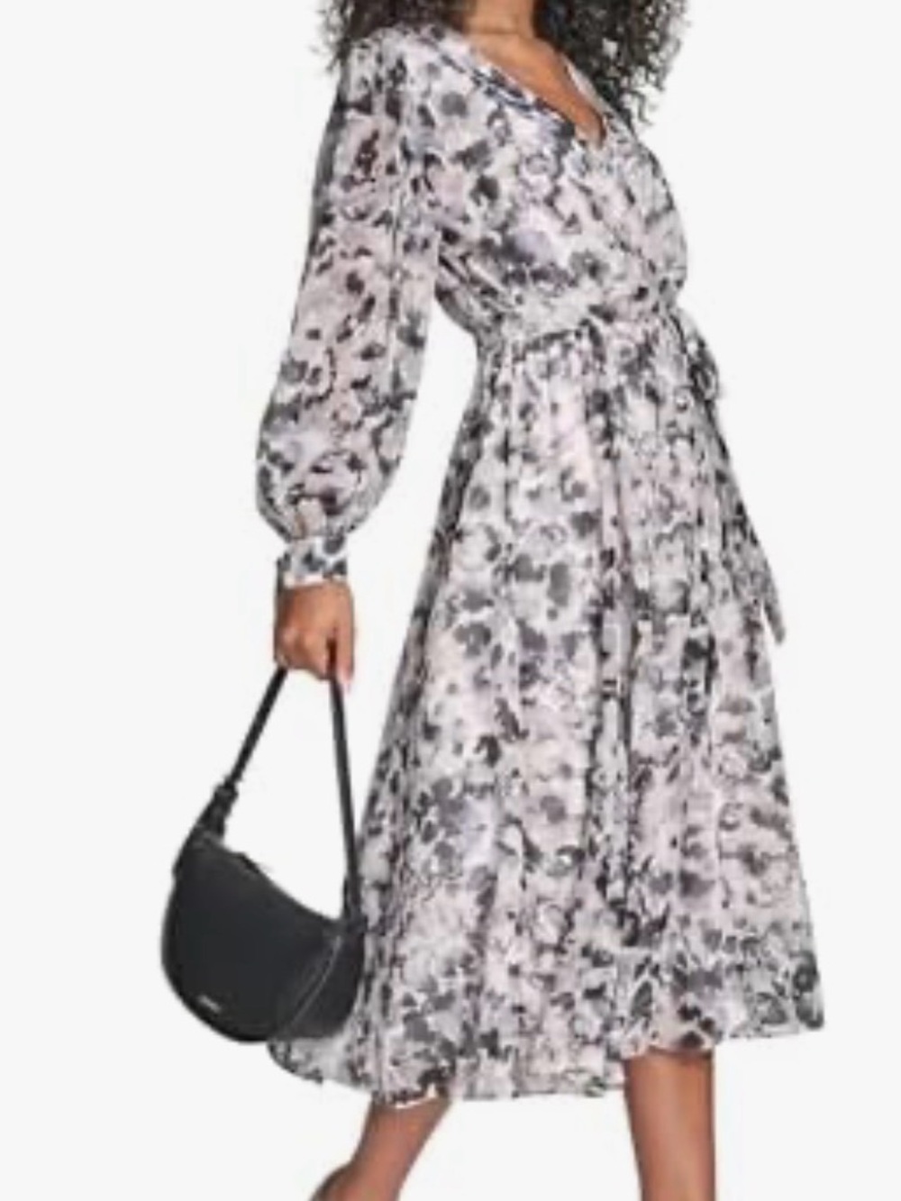 Calvin Klein Black and Light Gray Floral Maxi Wrap Dress